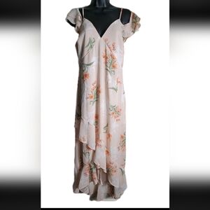 JJ's House Womens Sheer Ruffle Floral Maxi Dress Size Medium Apricot NWT Sping